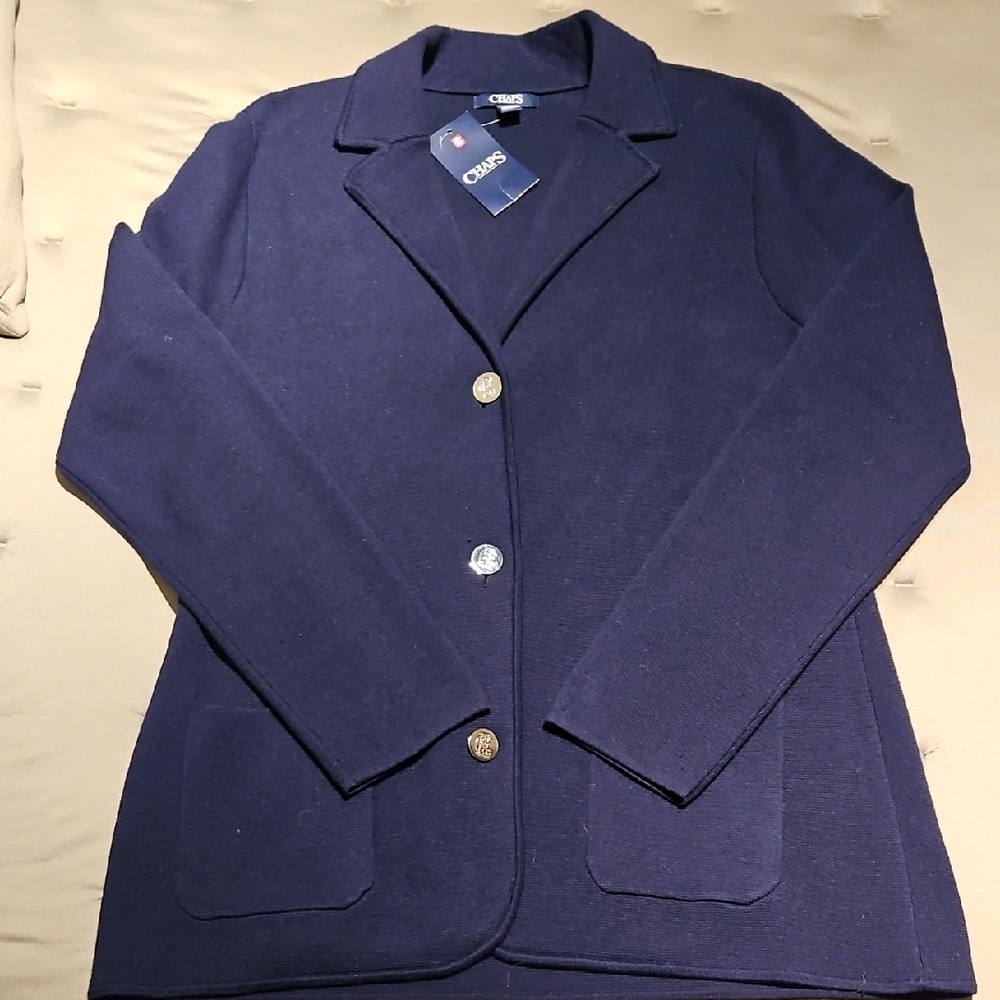 CHAPS NAVY COTTON BLEND SWEATER BLAZER WITH SILVER BUTTONS